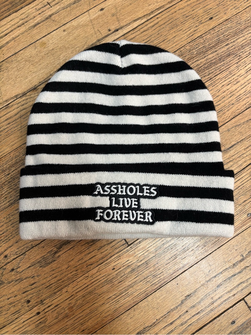 Black & White Striped Beanie with Statement Embroidery